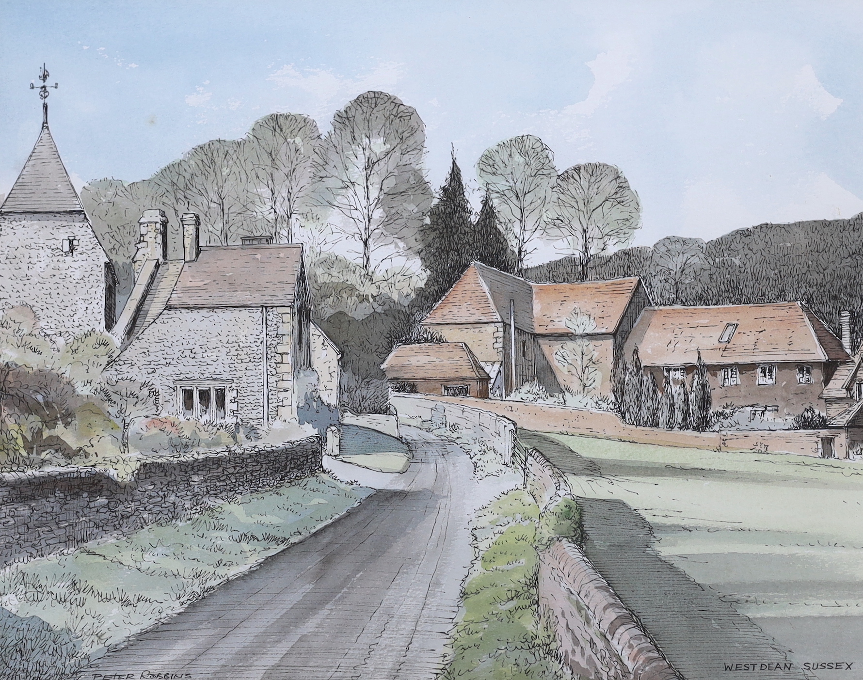 Peter Robbins (Contemporary), ink and watercolour, West Dean, Sussex, signed and inscribed, 33 x 41cm